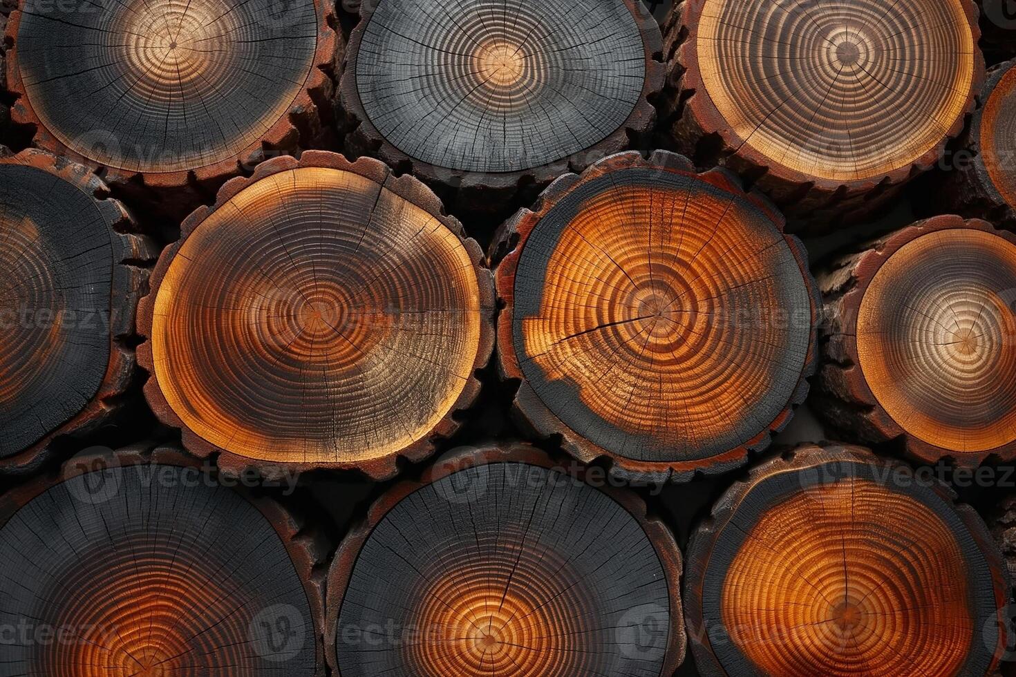 Close-up of beautifully polished wooden logs, showcasing intricate patterns and warm tones. photo