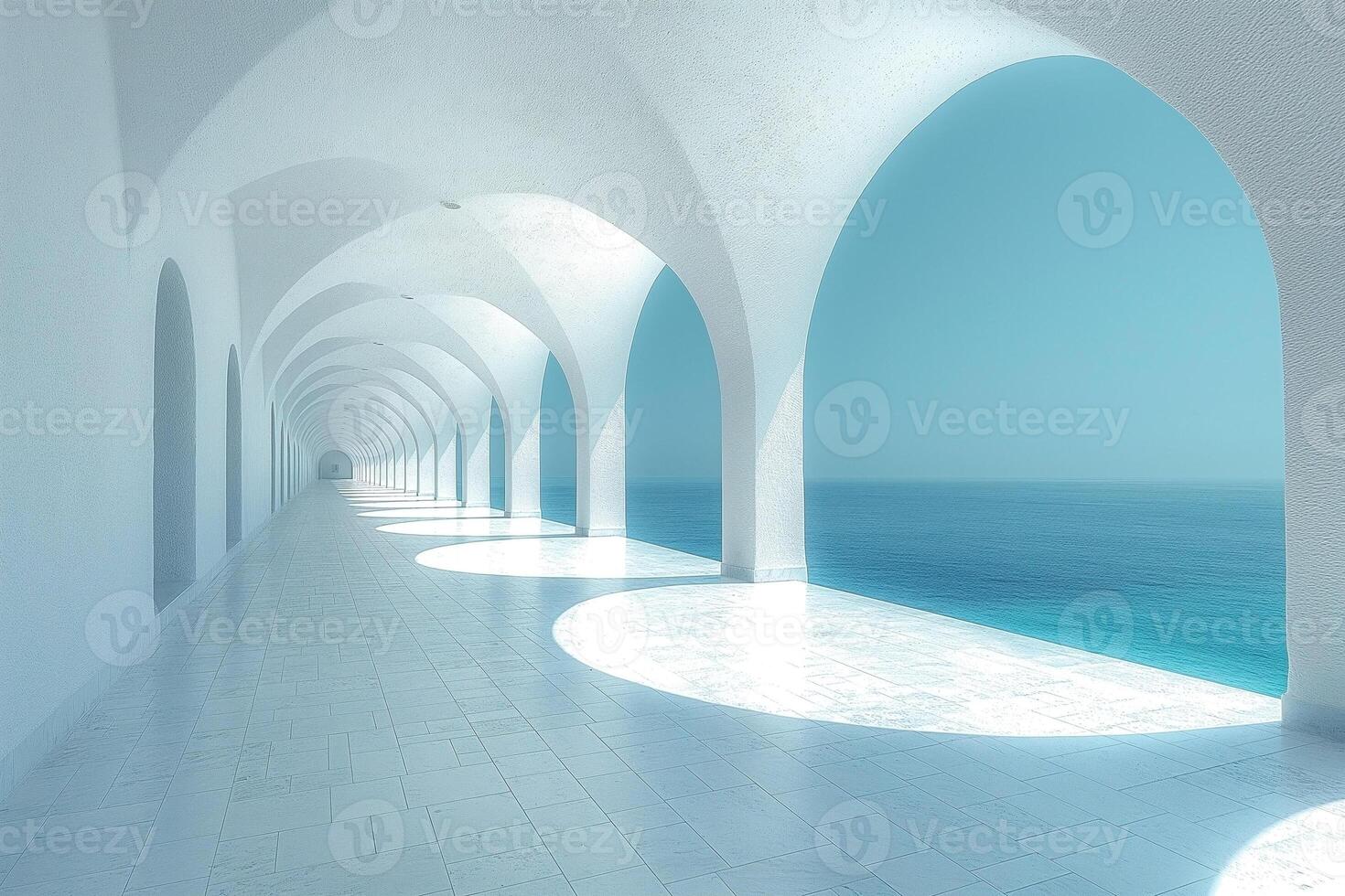 A serene hallway with arched windows overlooking a tranquil ocean, bathed in soft blue tones. photo