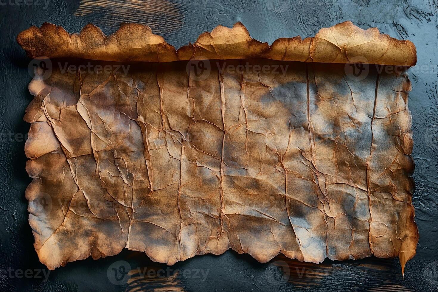 An ancient, crumpled parchment with a rich texture, set against a dark background, evoking historical intrigue. photo