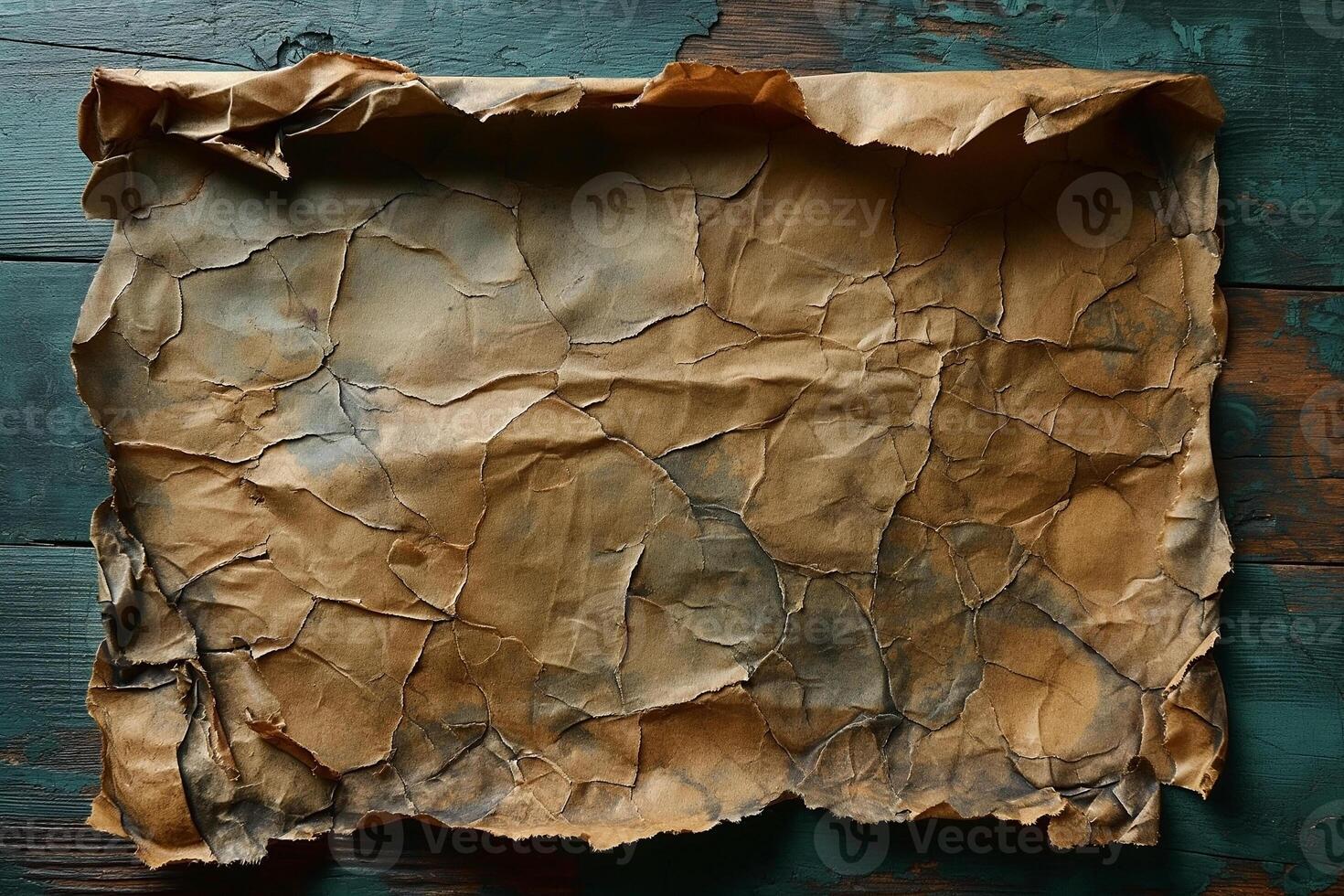 Wrinkled vintage paper on a rustic wooden background, showcasing its aged texture and creases. photo