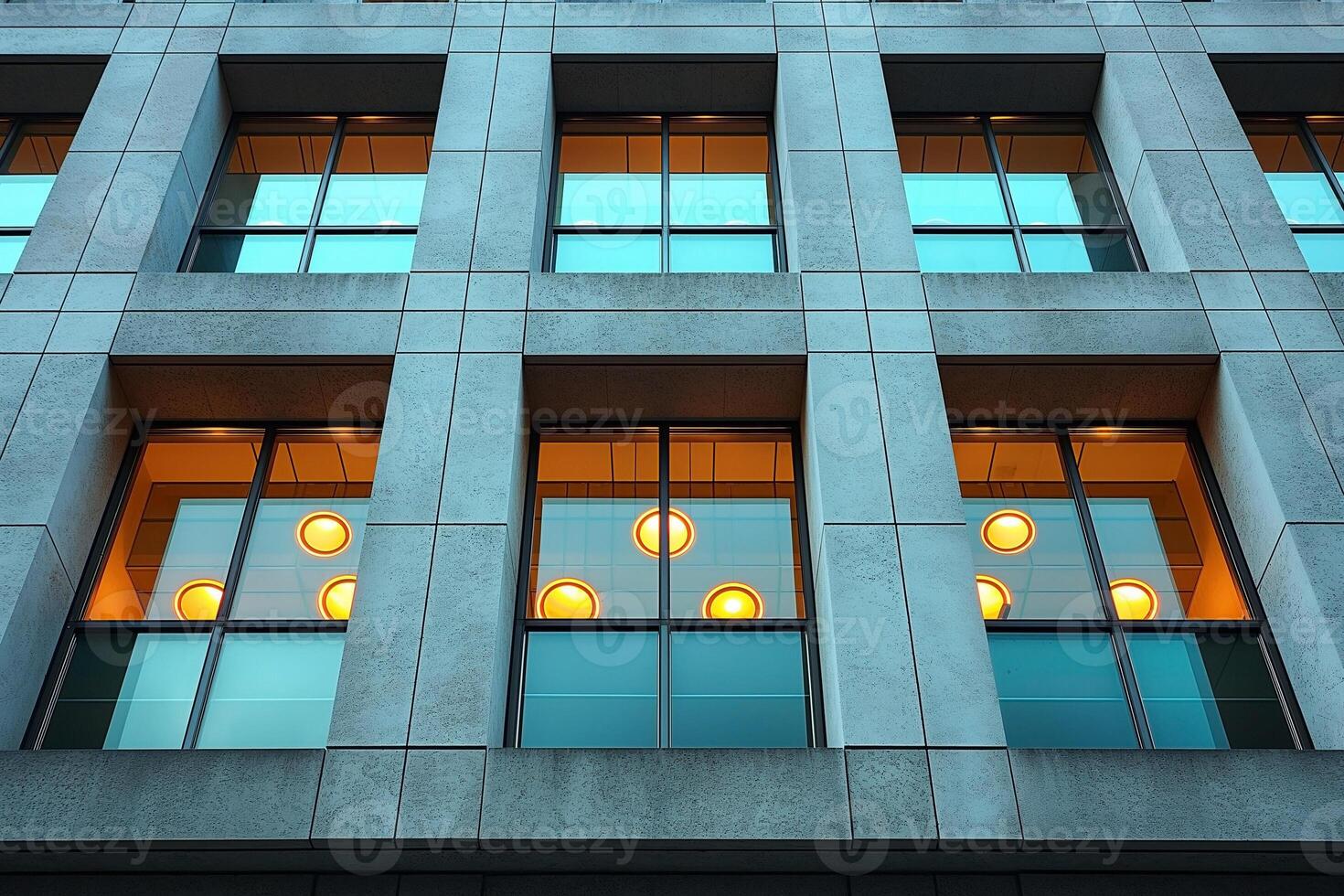 A modern building facade showcasing illuminated windows with a sleek, geometric design. photo