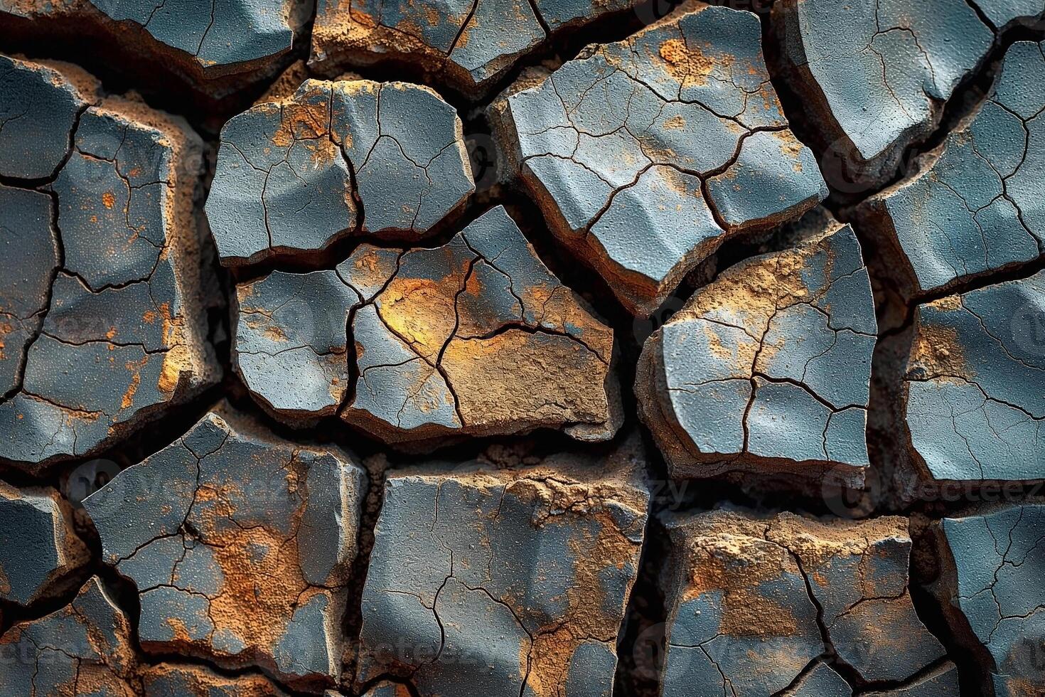 A close-up of cracked earth, showcasing intricate textures and hues of blue and brown. photo