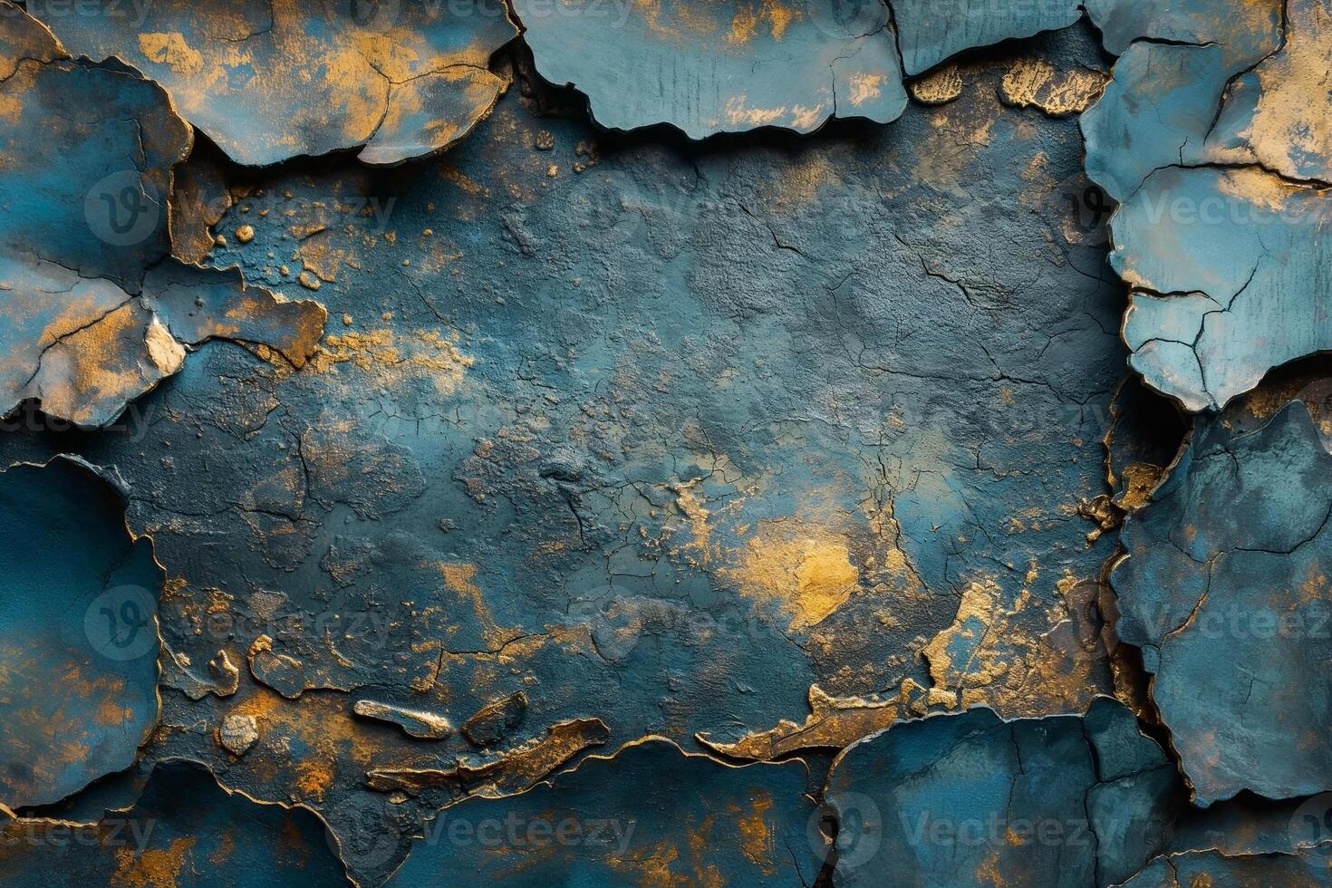 Textured abstract wall with peeling blue and gold layers, showcasing a rustic and artistic vibe. photo