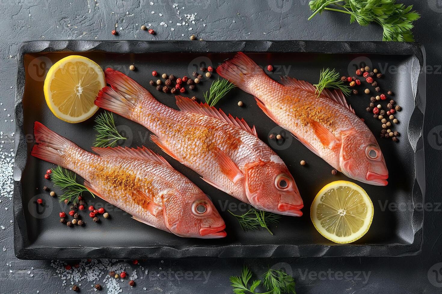 Three vibrant whole red snapper fish garnished with lemon slices and herbs on a black platter. photo