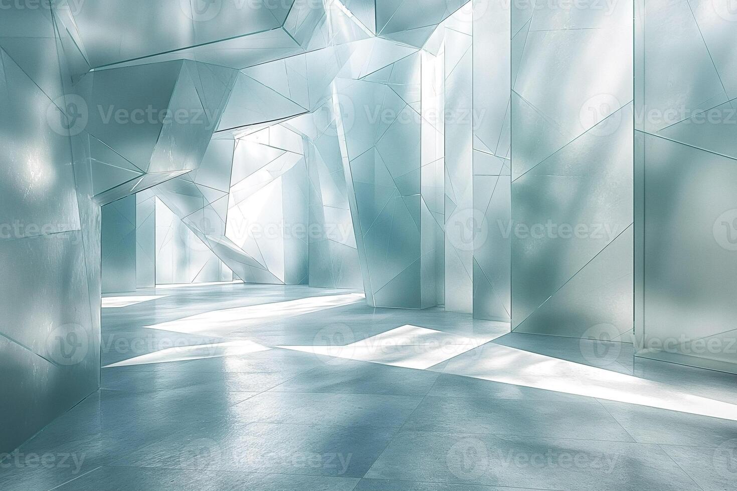 A modern, abstract interior with sharp, geometric shapes and a cool color palette creating a serene atmosphere. photo