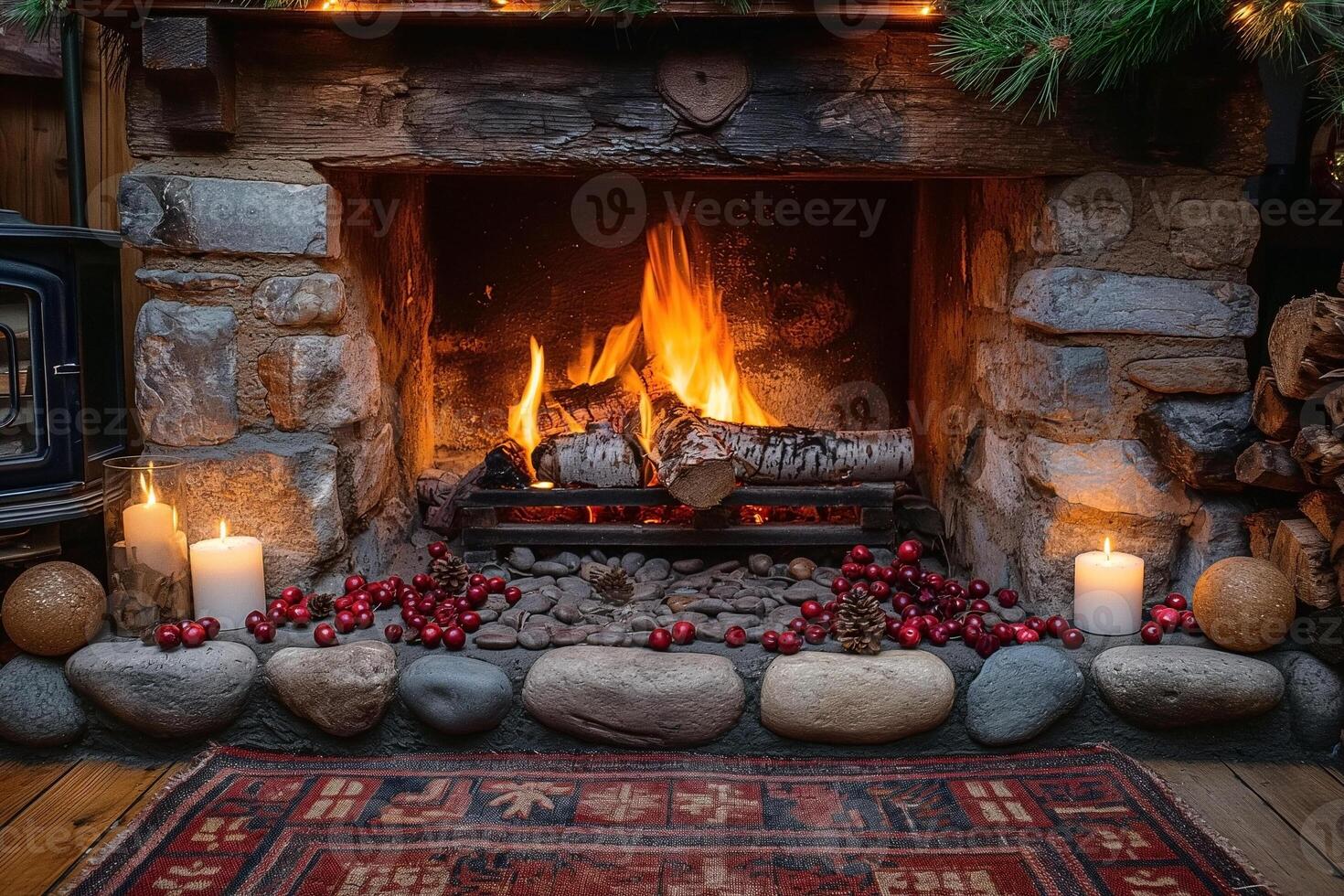 Warm and inviting stone fireplace adorned with candles and holiday decor, creating a cozy winter ambiance. photo