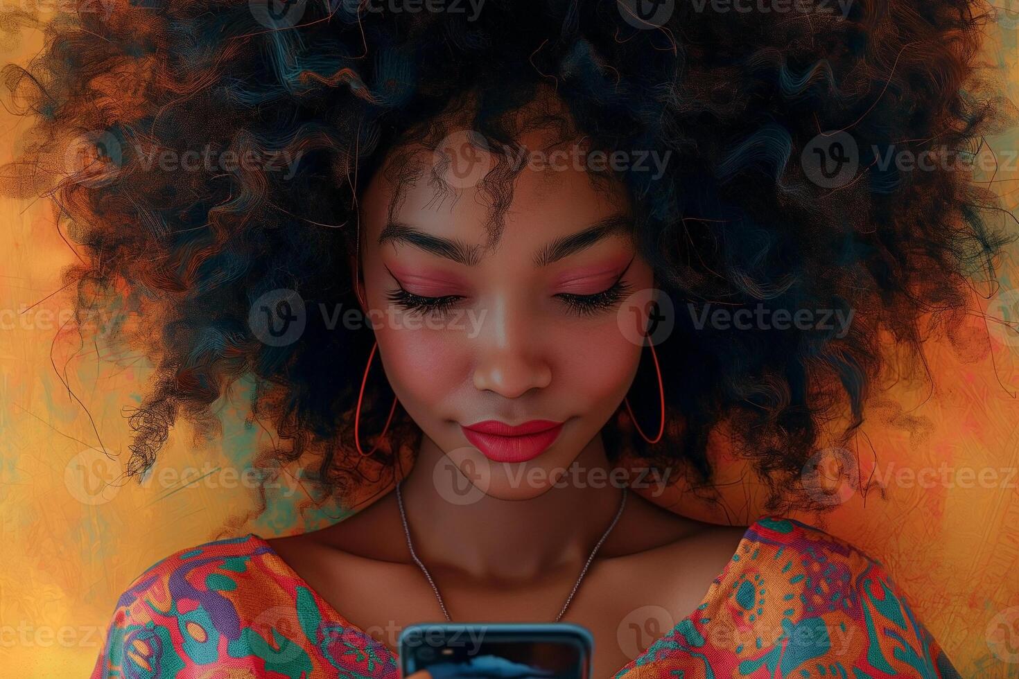 A young Black woman with curly hair checks her phone, surrounded by a vibrant orange background, radiating confidence and style. photo