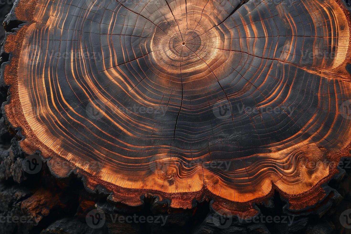 Close-up of a tree stump with intricate grain patterns, showcasing warm tones and textures. A slice of nature's art. photo