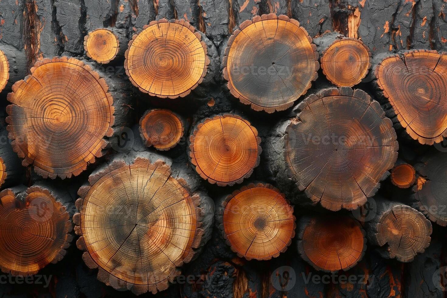 A captivating arrangement of cross-sections of tree trunks showcasing intricate patterns. photo