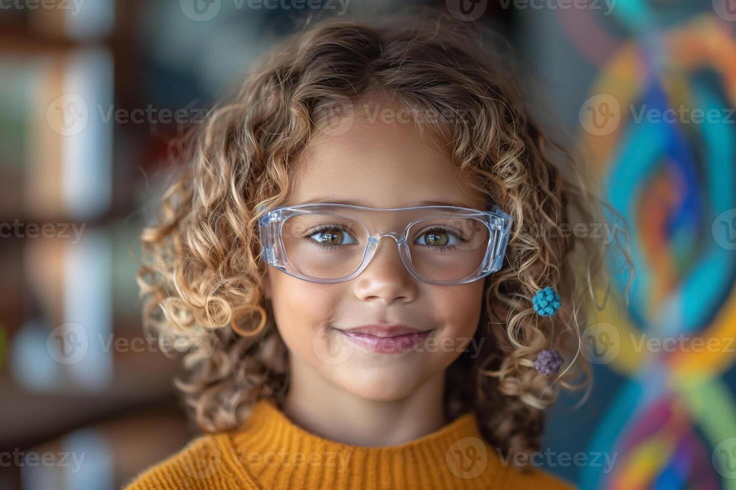 Smiling young girl with curly hair and glasses, wearing a cozy sweater against a colorful backdrop. photo
