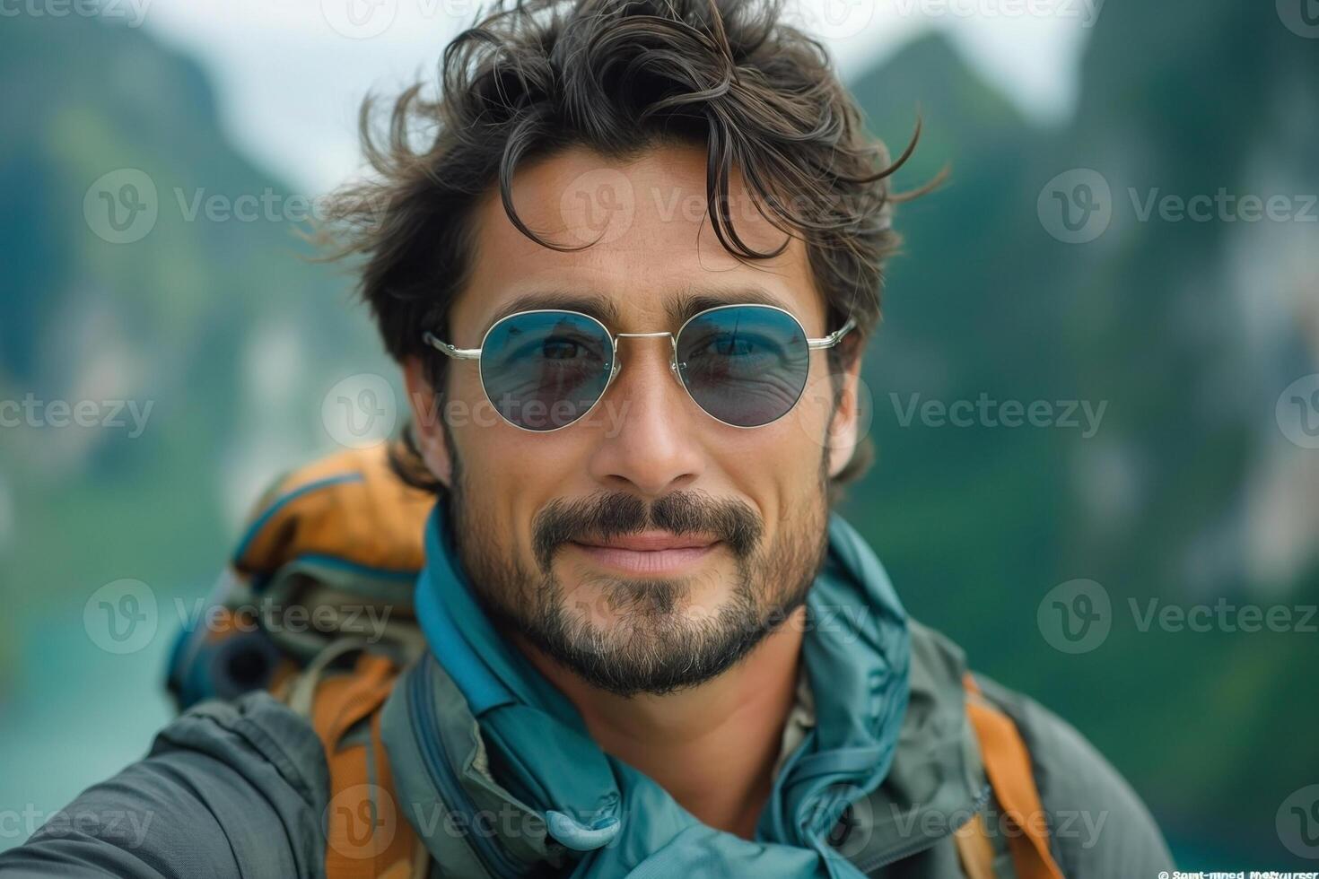 A smiling Hispanic male hiker wearing sunglasses and a backpack, enjoying a scenic outdoor landscape. photo