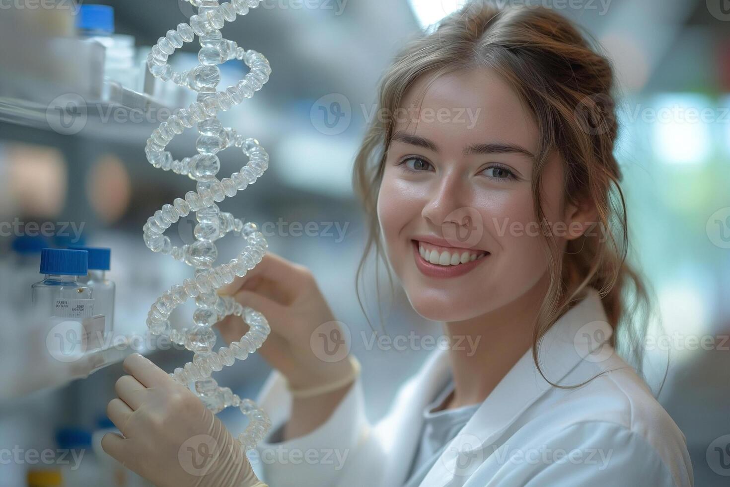 A smiling young Caucasian woman in a lab coat displays a DNA model in a bright laboratory. photo