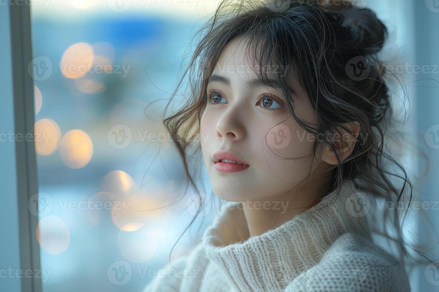 A contemplative young woman gazes out the window, bathed in soft, warm light with a cozy sweater on, capturing a moment of serenity. photo