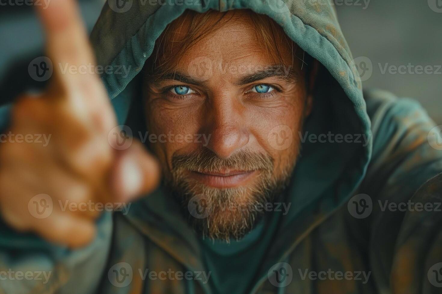 A confident Caucasian male with striking blue eyes and a beard, playfully pointing towards the camera while wearing a hooded sweatshirt. photo