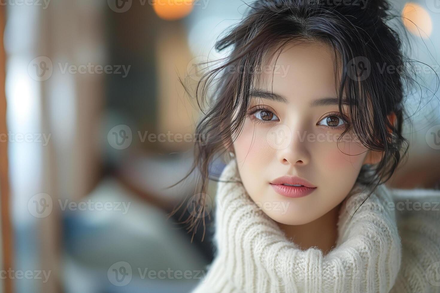 A young Asian woman with soft features poses in a cozy, warm-toned setting, exuding confidence and serenity. photo