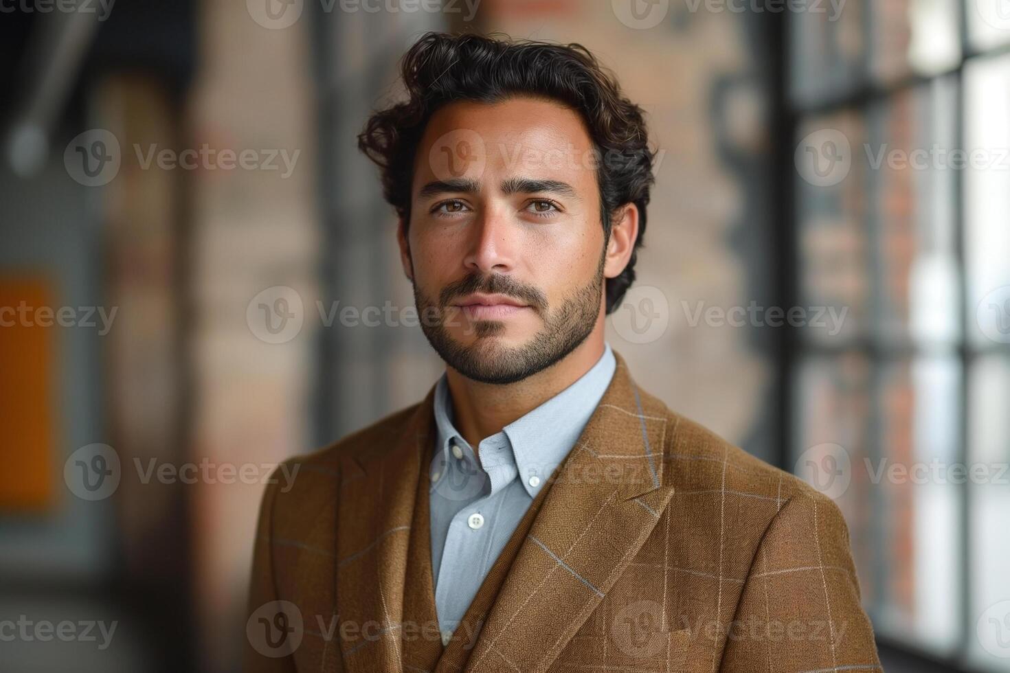 Stylish Caucasian man with curly hair in a brown blazer, exuding confidence in a modern industrial setting. photo