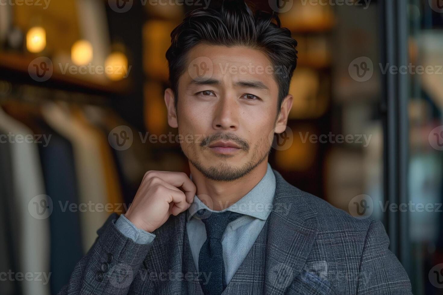 Stylish Asian man in a tailored suit poses confidently, showcasing sophistication and modern fashion trends. photo