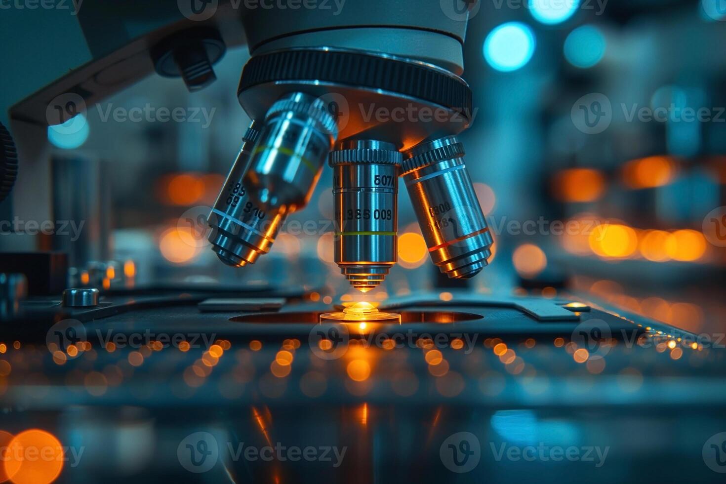 Close-up of a microscope focusing on a specimen with warm bokeh lights in the background, creating a scientific atmosphere. photo