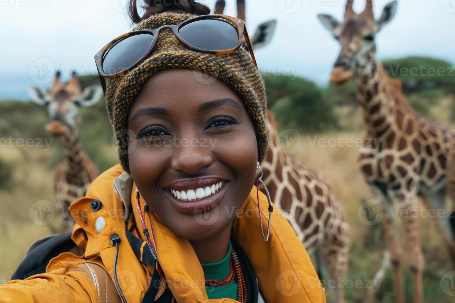 A cheerful Black woman with a vibrant jacket enjoying a close encounter with giraffes in a natural setting. photo