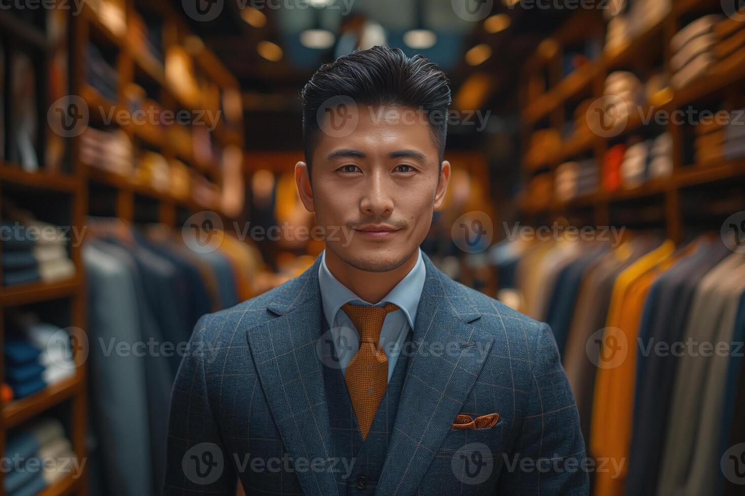 A stylish Asian man in a tailored suit stands confidently in a sophisticated clothing store, exuding elegance and charm. photo