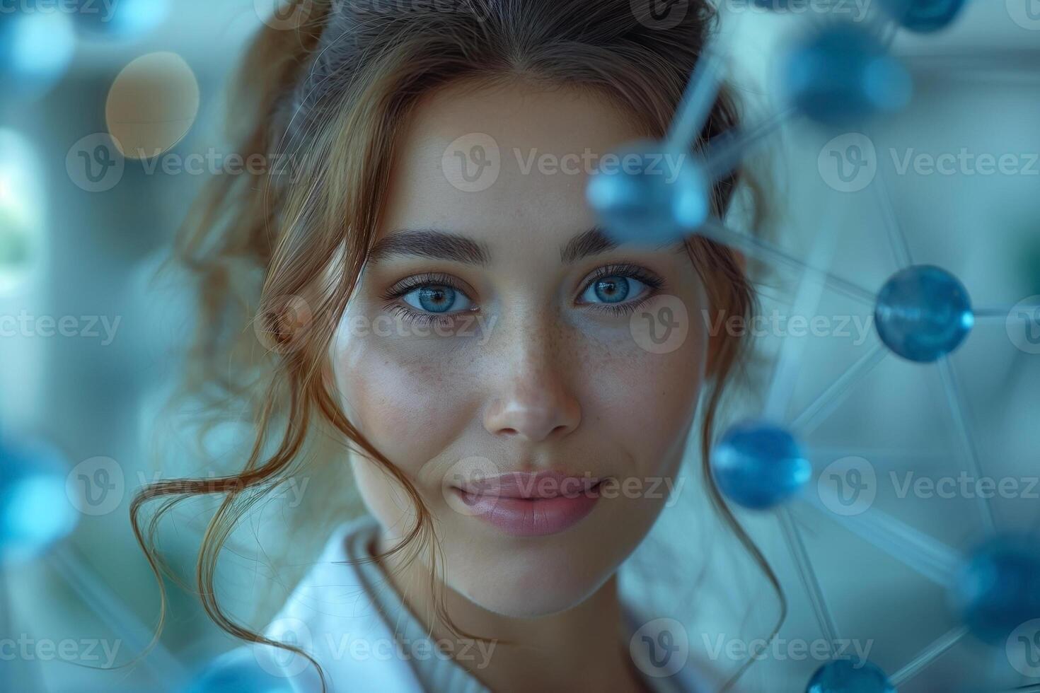 A young female with enchanting blue eyes framed by a molecular structure, exuding warmth and curiosity. photo