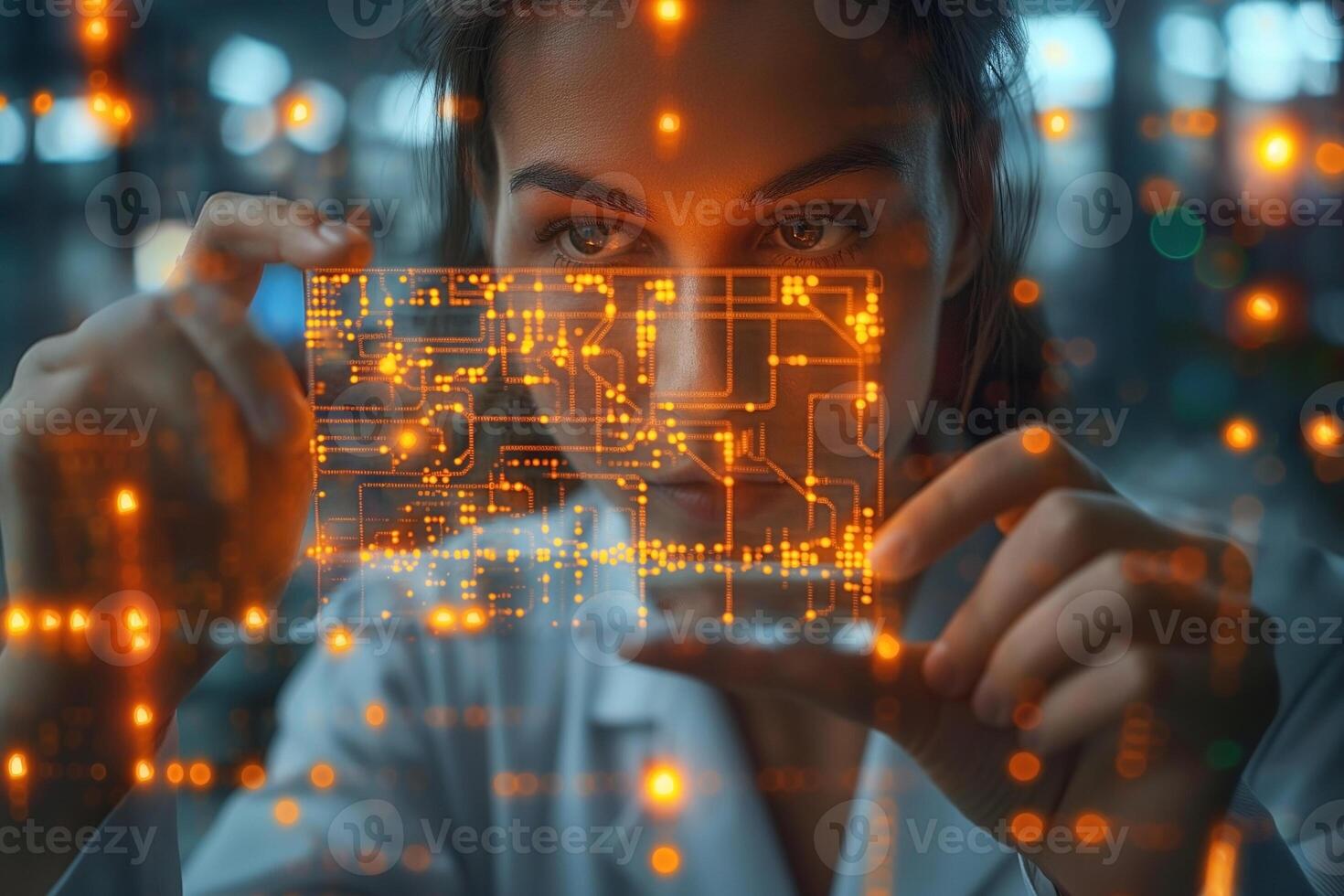 A focused female scientist examines a translucent circuit board illuminated with vibrant orange lights. photo