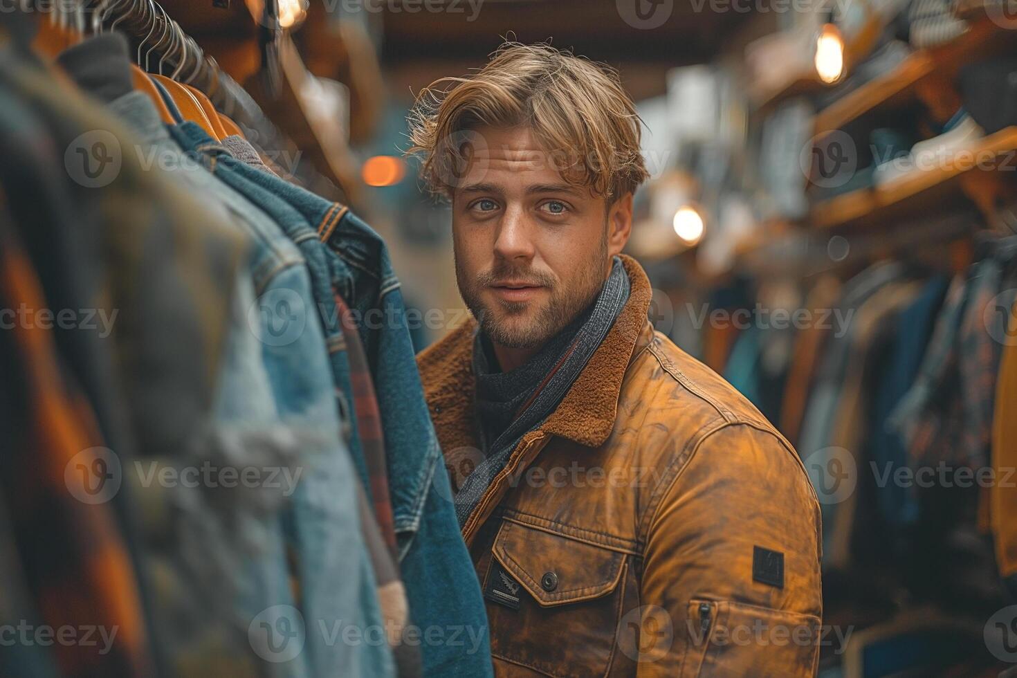 A stylish Caucasian man with tousled hair explores a trendy clothing store, showcasing warm tones and a cozy atmosphere. photo