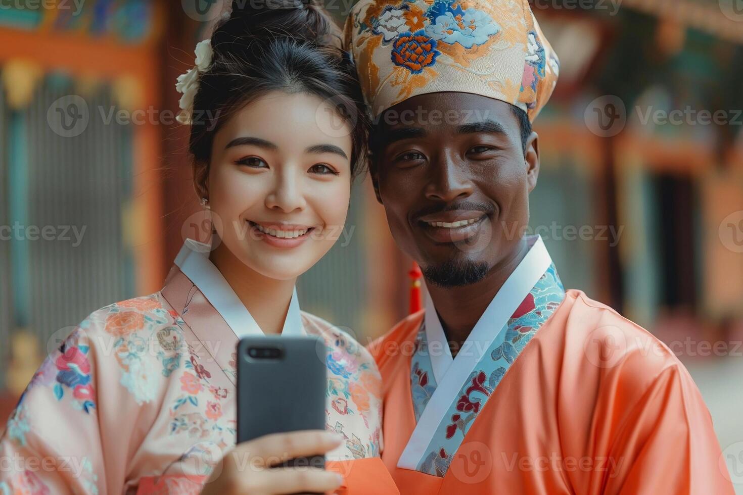 A joyful Asian woman and Black man in traditional attire take a selfie, showcasing cultural harmony and celebration. photo