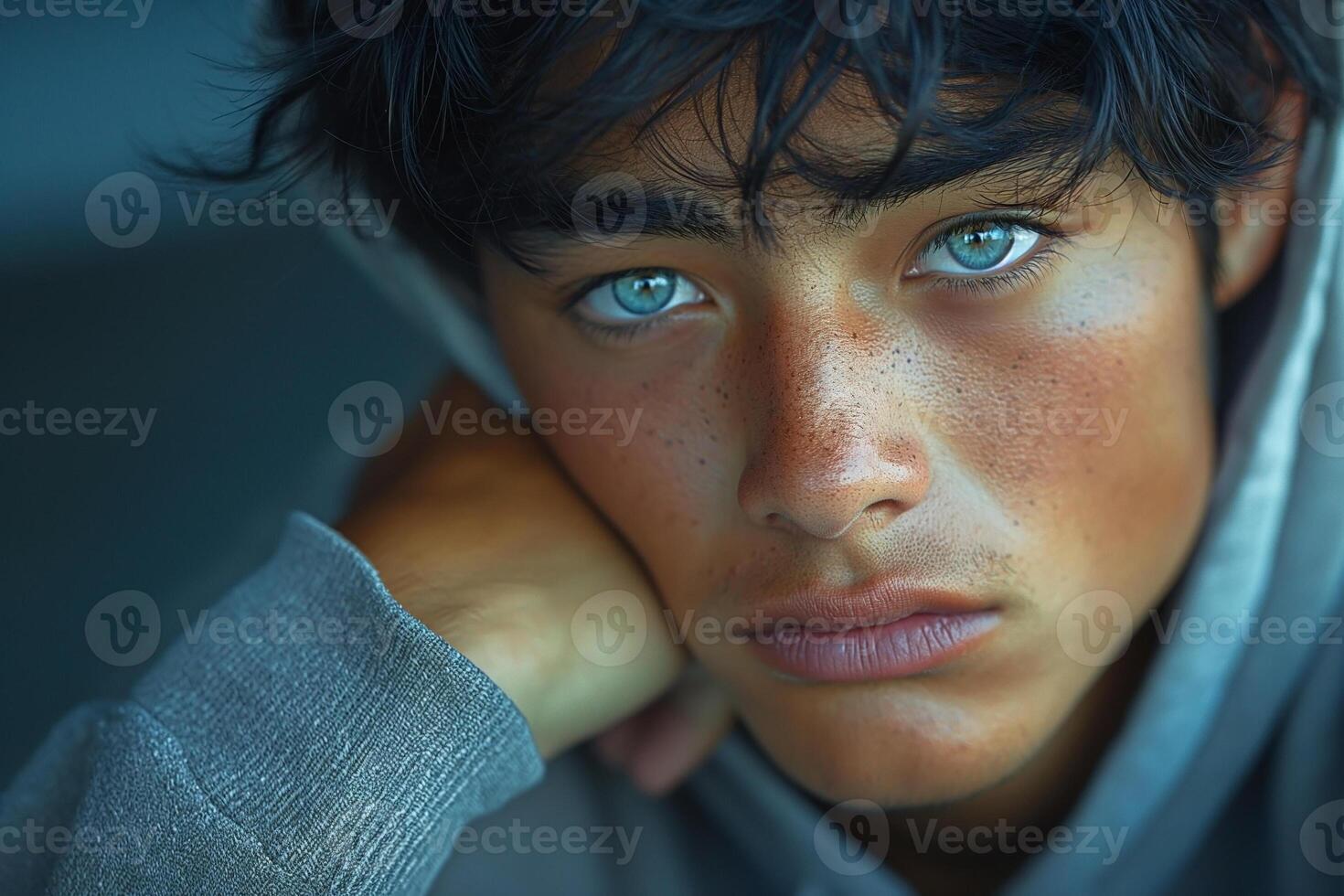 A contemplative young male teenager with striking blue eyes and tousled dark hair, showcasing a thoughtful expression. photo