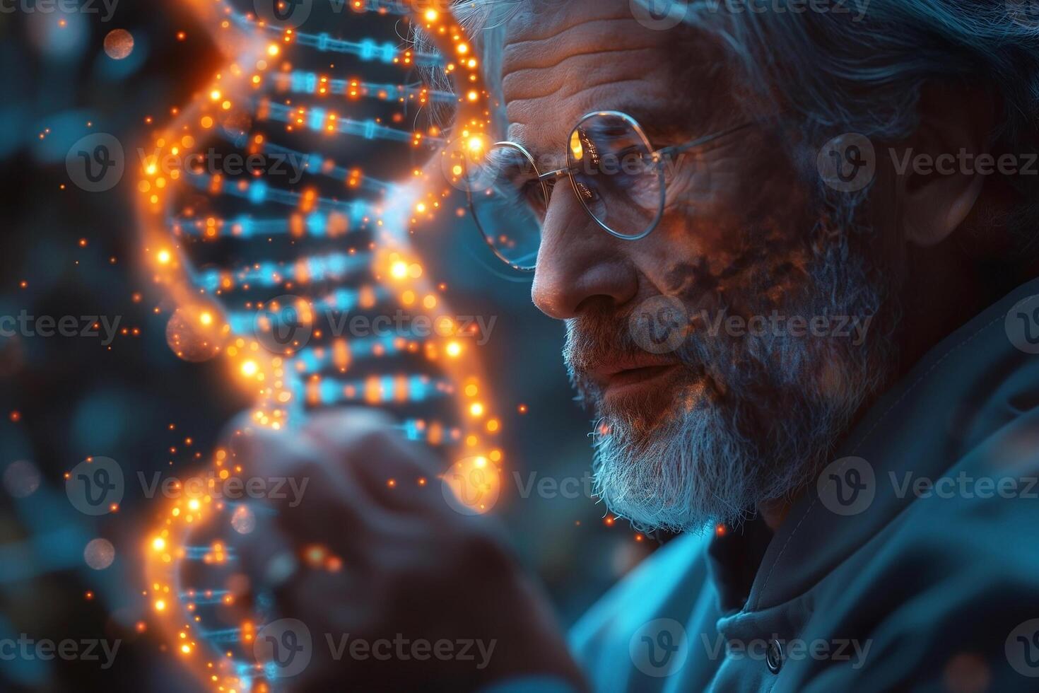 An elderly Caucasian man with glasses examines a glowing DNA strand, representing scientific discovery and innovation. photo