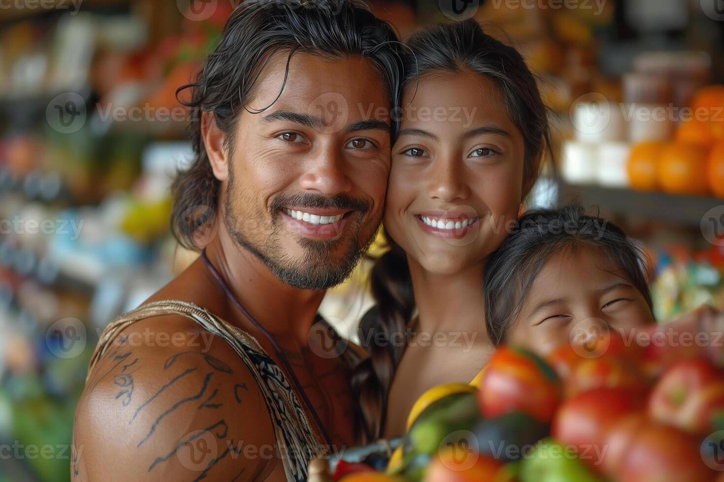 A joyful family trio at a vibrant market, showcasing a father and his two daughters with a basket of fresh fruits. photo