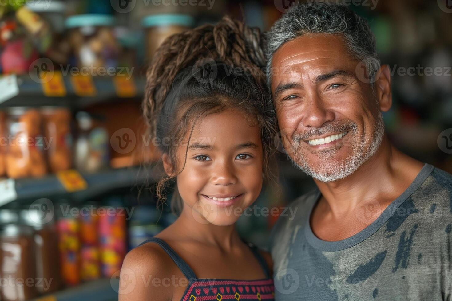 A smiling Hispanic man and a young girl pose for a joyful portrait in a vibrant market setting. photo