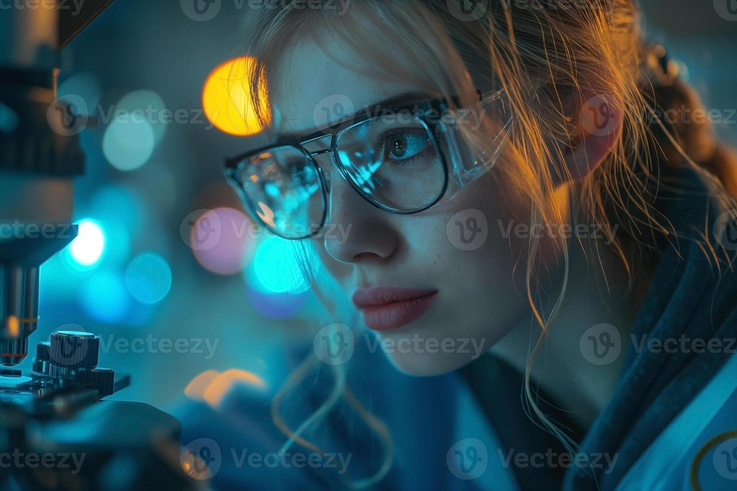 A focused young Caucasian woman in glasses examines samples under a microscope in a modern lab, illuminated by soft blue lights. photo