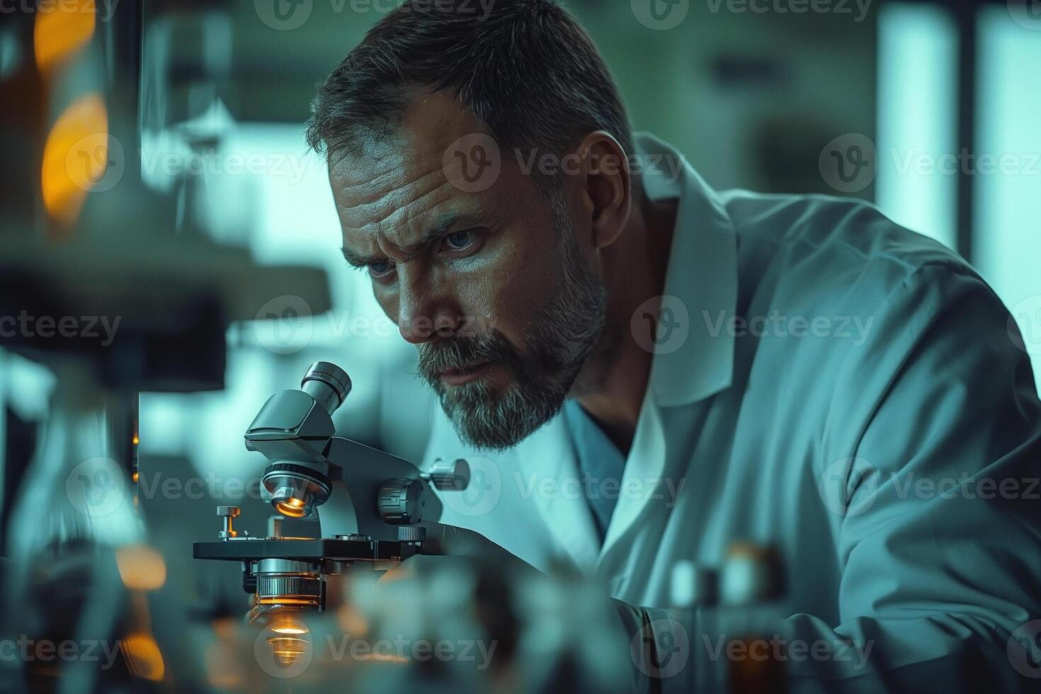 Focused male scientist with a beard examines samples under a microscope in a modern lab. photo