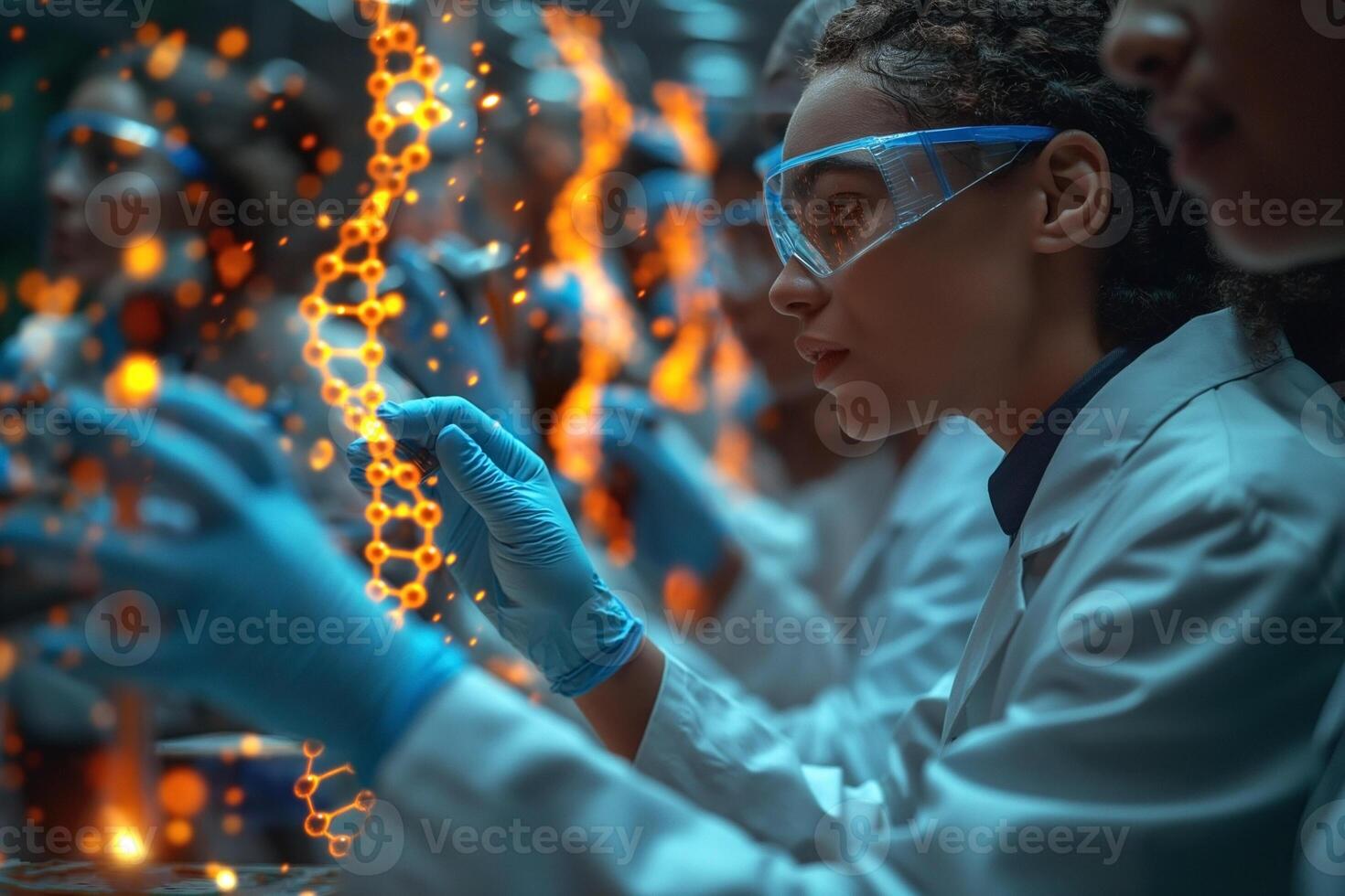 A focused young Black woman scientist examines a digital DNA structure in a lab setting, embodying innovation and discovery. photo