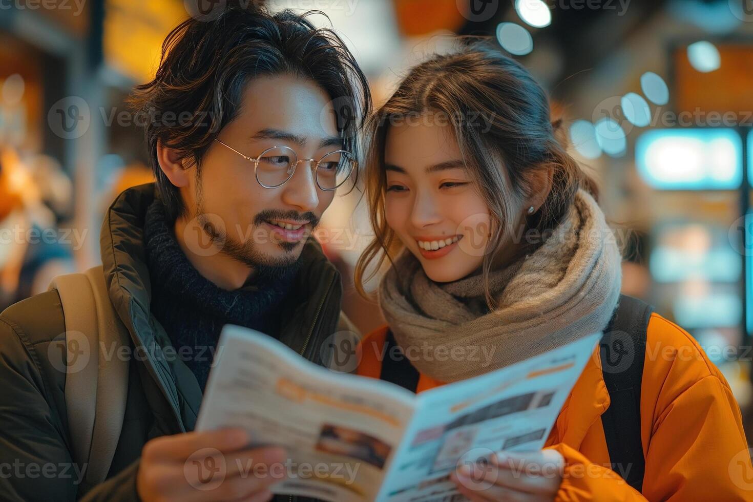 A young Asian couple sharing a joyful moment while reading a guide, surrounded by warm lights in a bustling market. photo