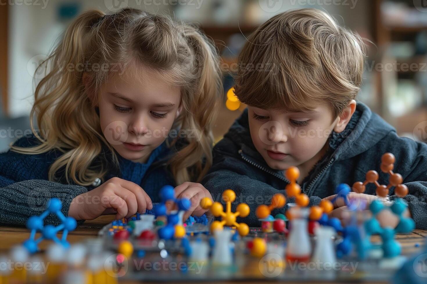 Two young children, a girl and a boy, concentrate on building with colorful building blocks indoors. photo