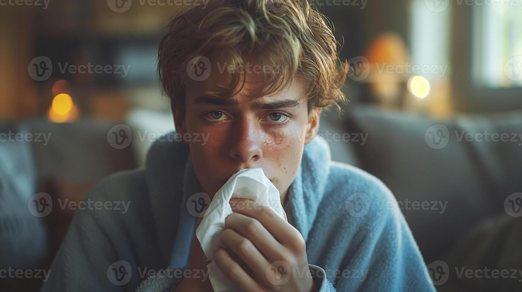 A young Caucasian male in a cozy blanket, looking contemplative while holding a tissue, conveying a sense of vulnerability and introspection. photo