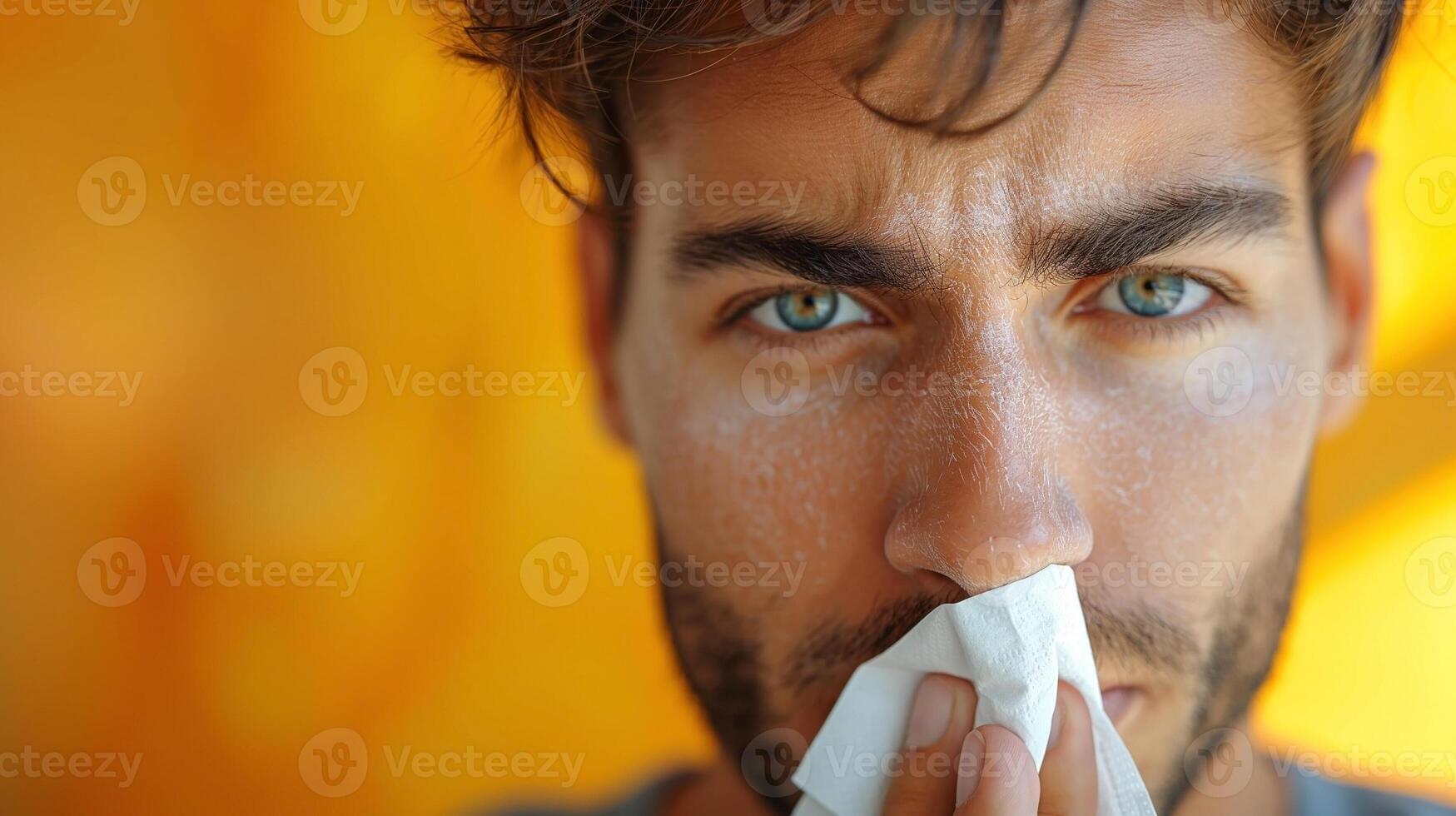 Close-up of a young man with blue eyes holding a tissue to his nose against a vibrant yellow background. photo