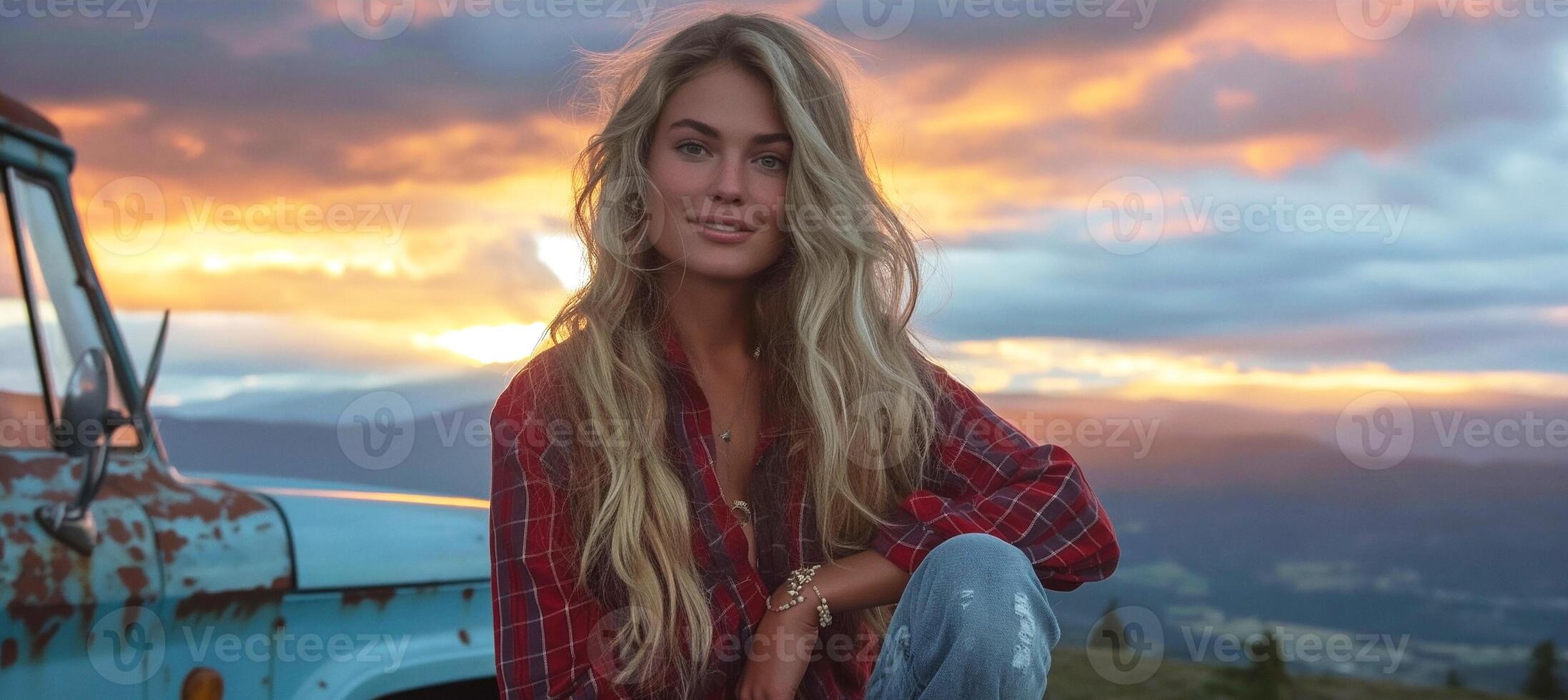 A young Caucasian woman with long wavy hair poses against a scenic sunset, wearing a plaid shirt and relaxed jeans. photo