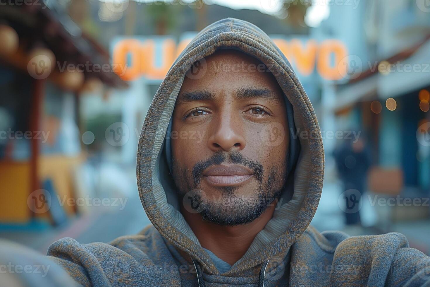 A young Black male wearing a hoodie, taking a selfie in an urban setting with vibrant signage in the background. photo