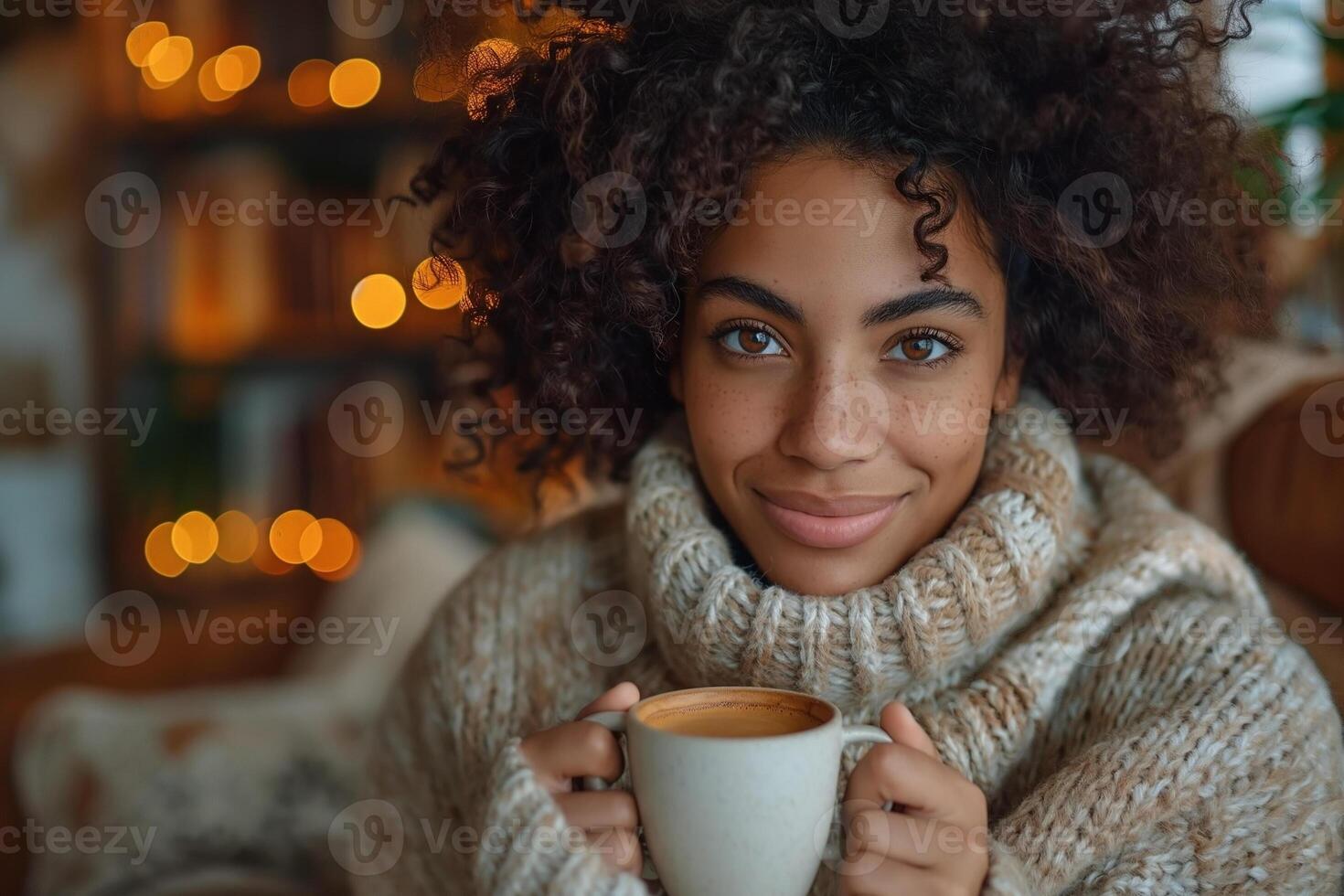 A young Black woman in a cozy sweater enjoys a warm drink, radiating warmth and contentment in a softly lit room with bokeh lights. photo