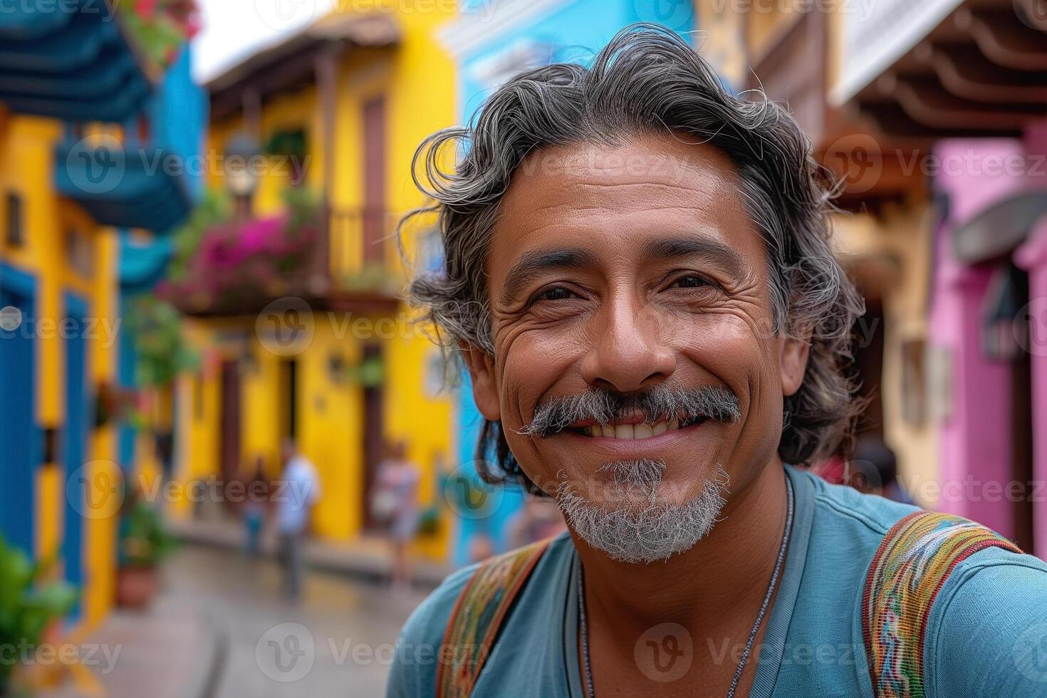 Smiling middle-aged Hispanic man with curly gray hair, captured in a vibrant street filled with colorful buildings. photo