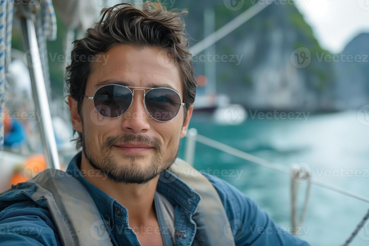 A young, handsome man with wavy hair and sunglasses enjoying a sailing adventure in a serene coastal setting. photo