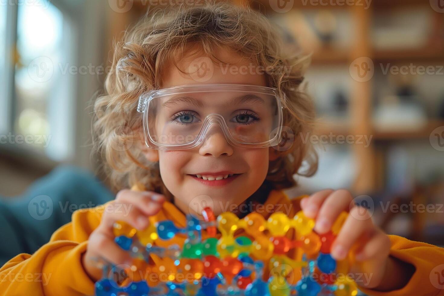 A joyful young boy with curly hair and safety goggles engaged in colorful building play at home. photo