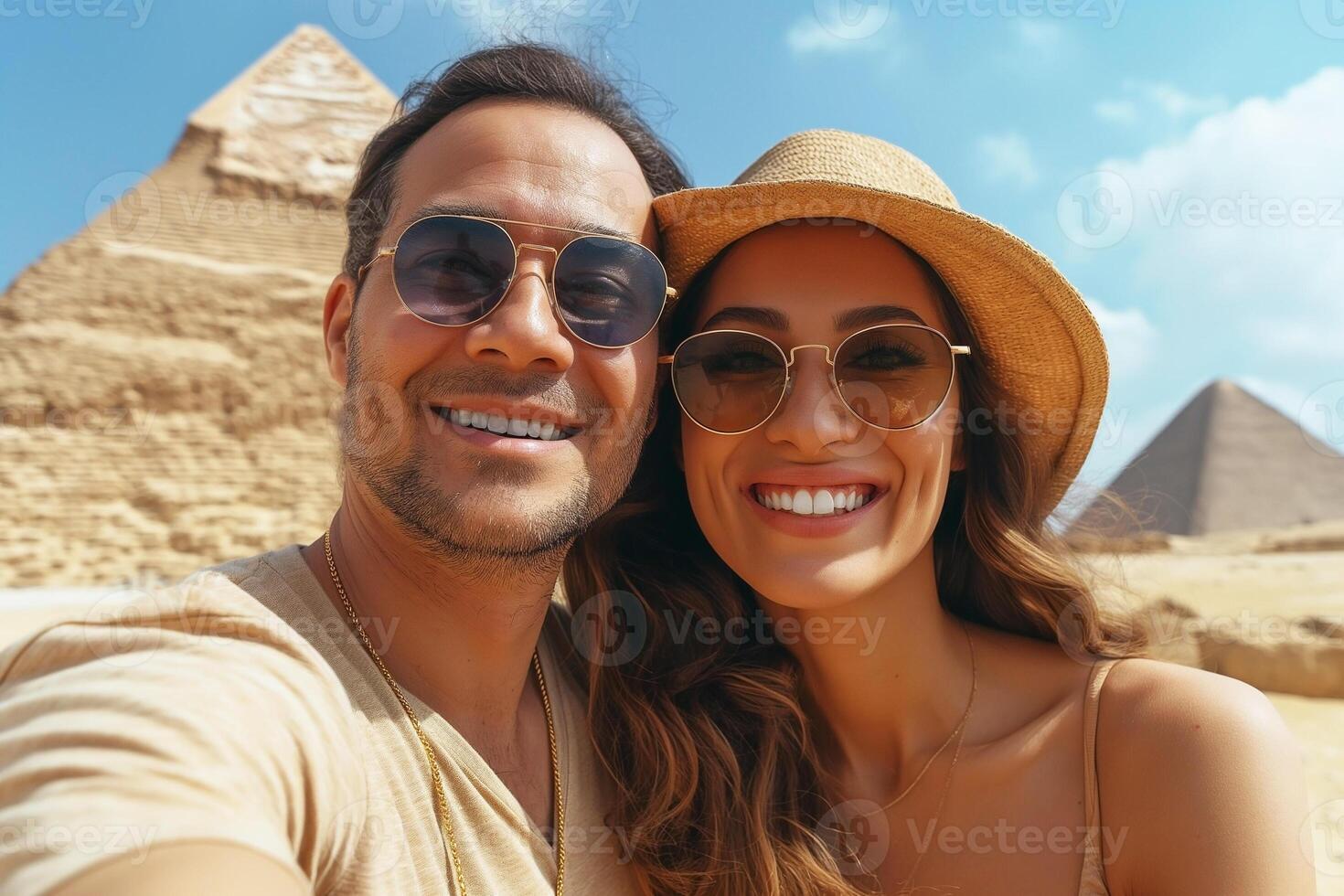 Smiling couple taking a selfie at the Pyramids, wearing sunglasses and hats, exuding joy and adventure under a bright blue sky. photo