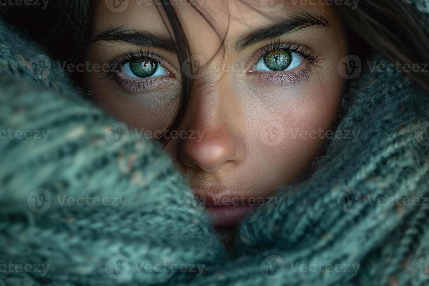 Intense gaze of a young woman with green eyes, wrapped snugly in a cozy knitted scarf, exuding warmth and introspection. photo