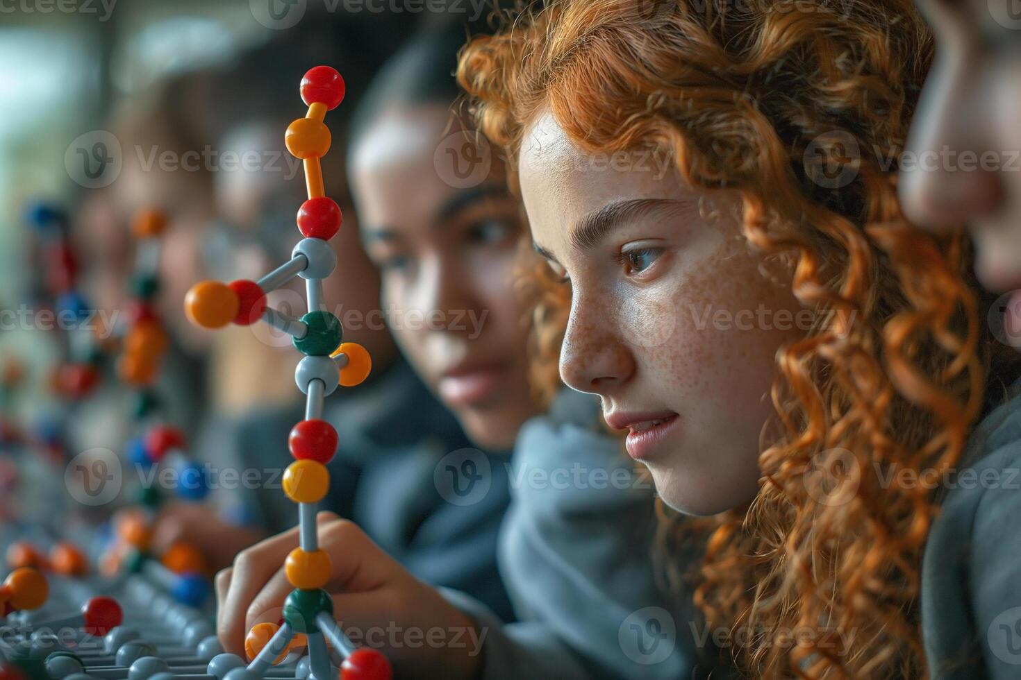 Two young girls engaged in science, focusing on a colorful molecular model, showcasing curiosity and teamwork. photo