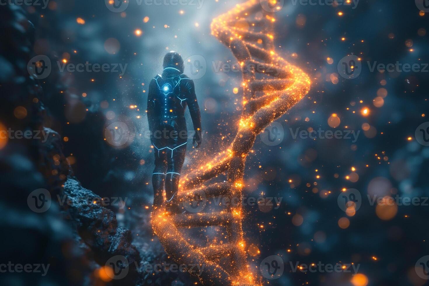 A futuristic male astronaut explores a glowing DNA helix in a dark, cosmic environment, symbolizing the fusion of science and exploration. photo