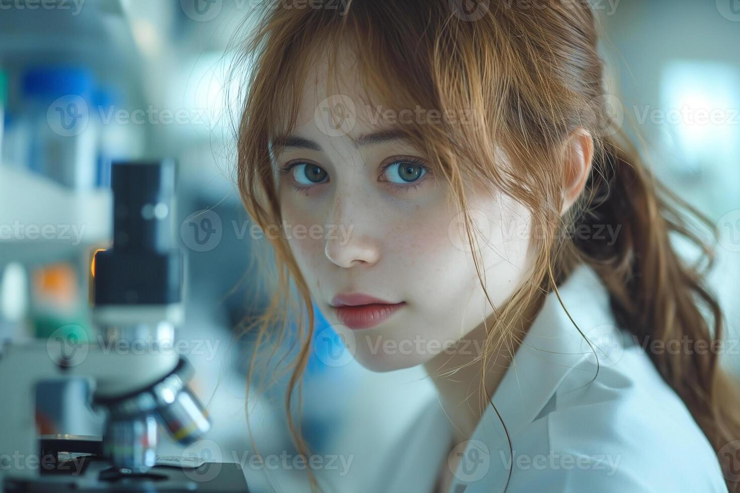 Portrait of a young Asian woman with freckles in a lab coat, gazing thoughtfully next to a microscope. photo